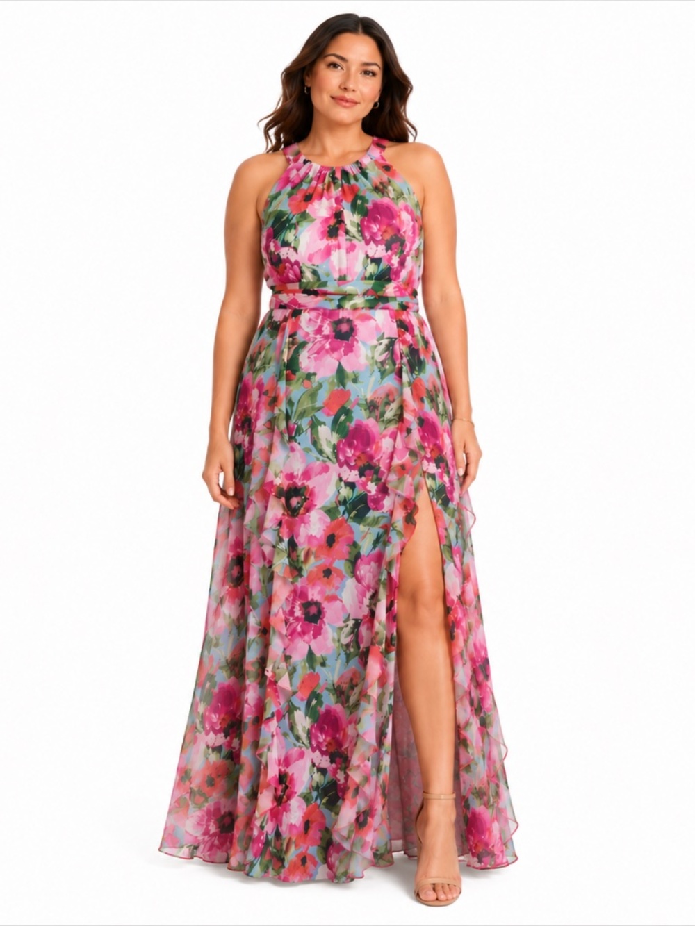 XSCAPE - Floral Chiffon Ruffle Halter Gown